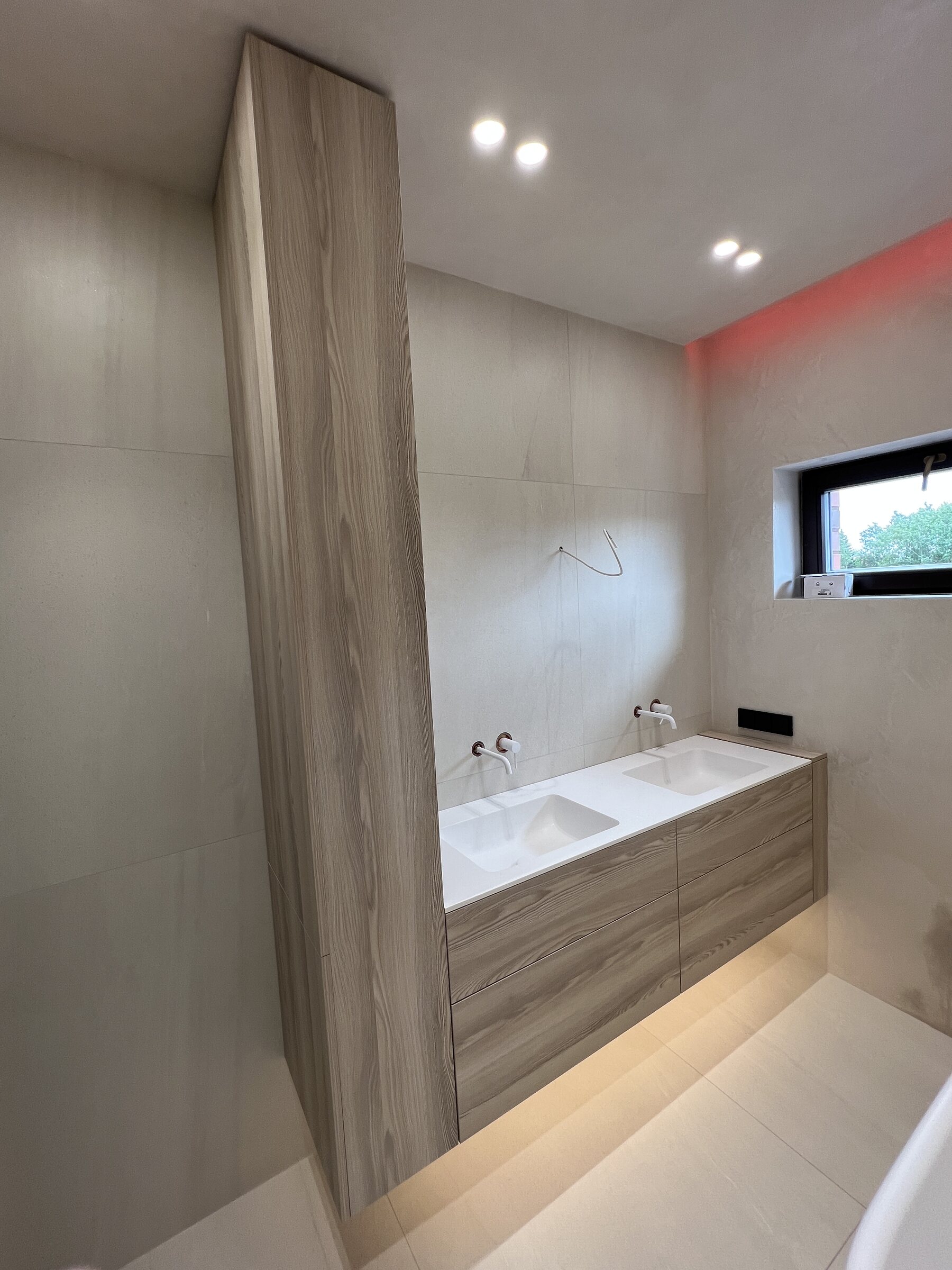 Wall-mounted ash bathroom vanity with integrated lighting