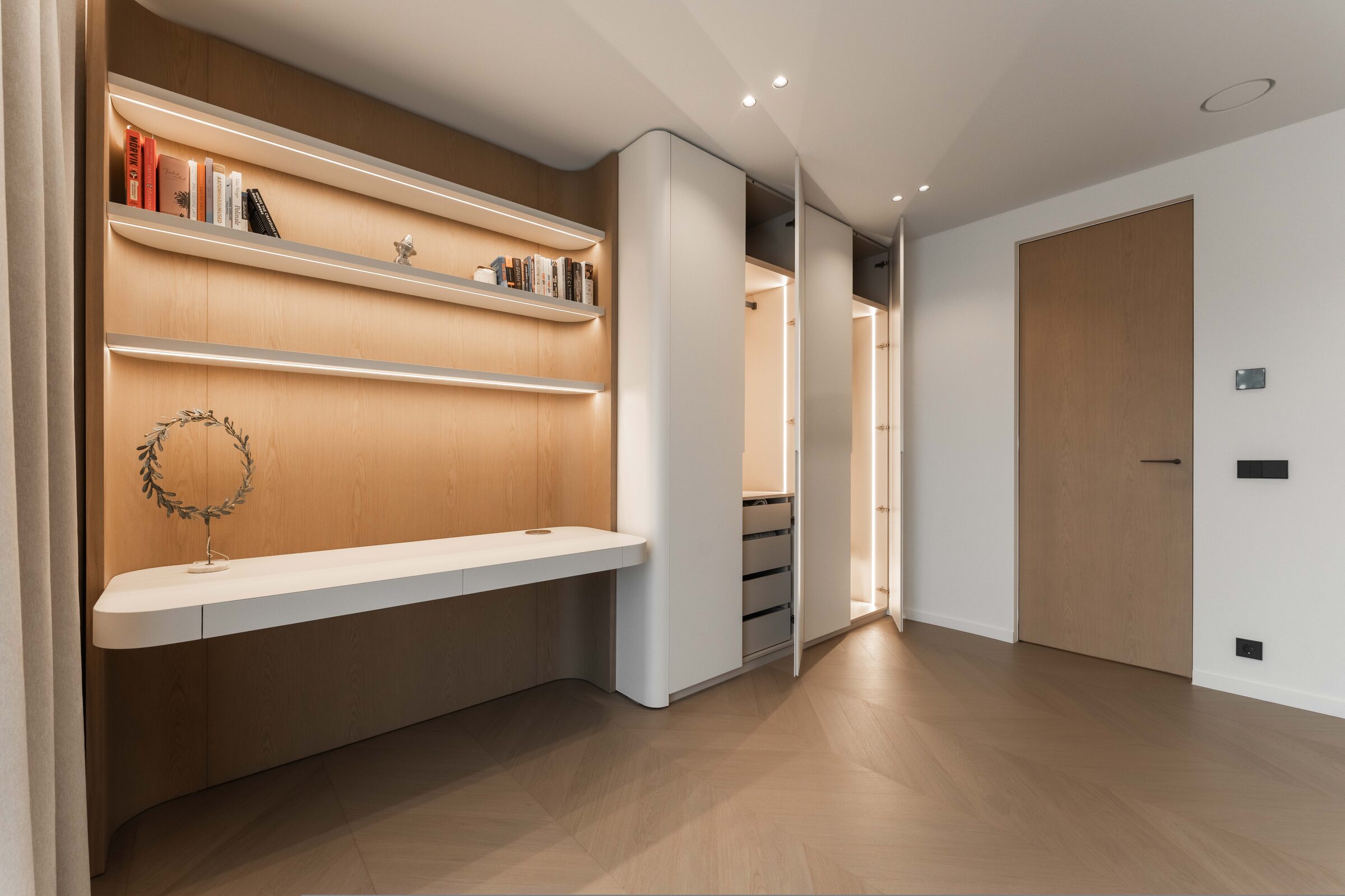 Integrated study furniture, illuminated shelving and concealed storage